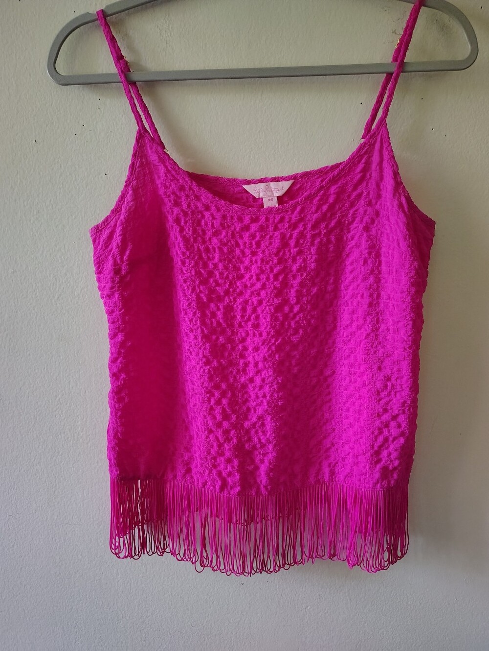 Lilly Pulitzer Pink Fringe Tank Top XS Rodeo Textured Knit Boho Festival Glam